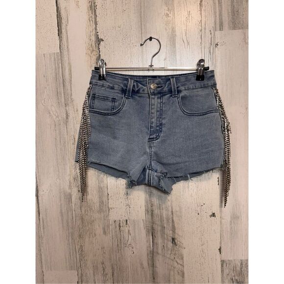 Forever 21 Rhinestone Fringe High-Rise Denim Shorts Size 26 - Picture 1 of 10
